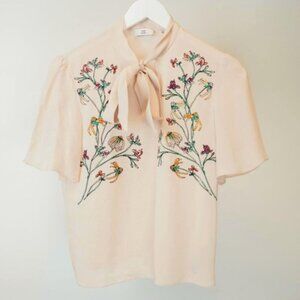 Little Moon Zinnia Peach Embroidered Tie-Neck Blouse